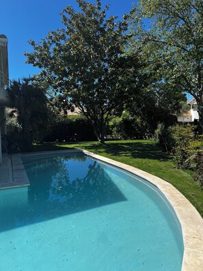 Una piscina de borde curvo, rodeada por un césped cuidado y árboles.