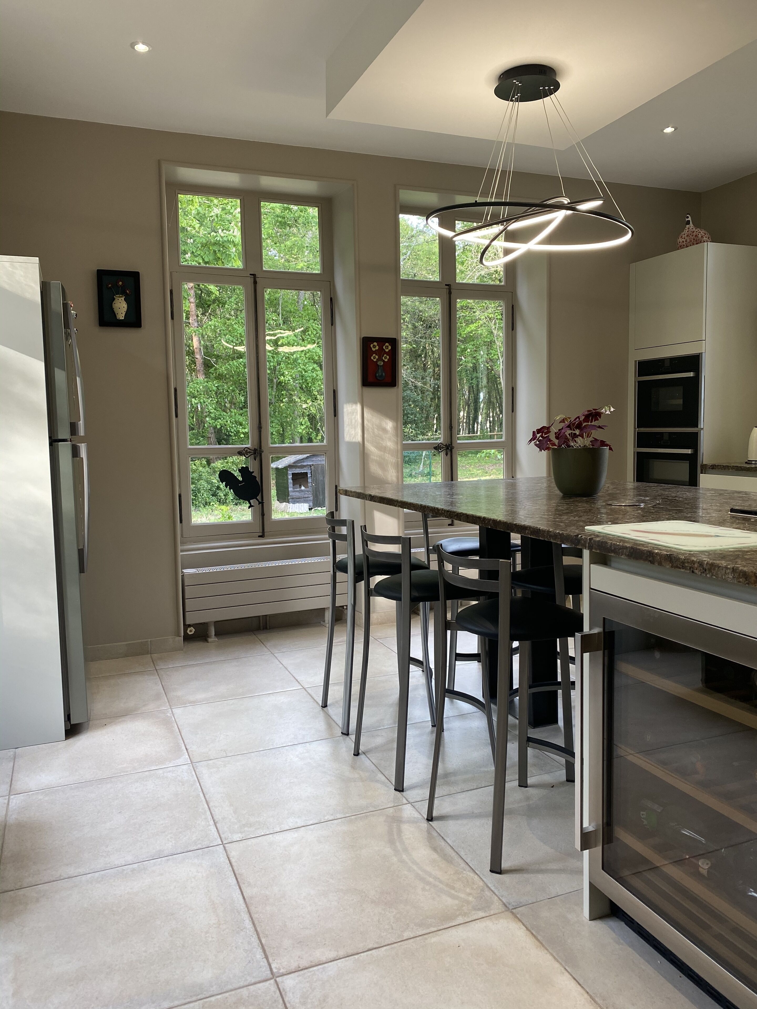 Une cuisine moderne dotée d’un grand îlot central, d’appareils électroménagers en acier inoxydable et de grandes fenêtres offrant une vue sur la verdure.