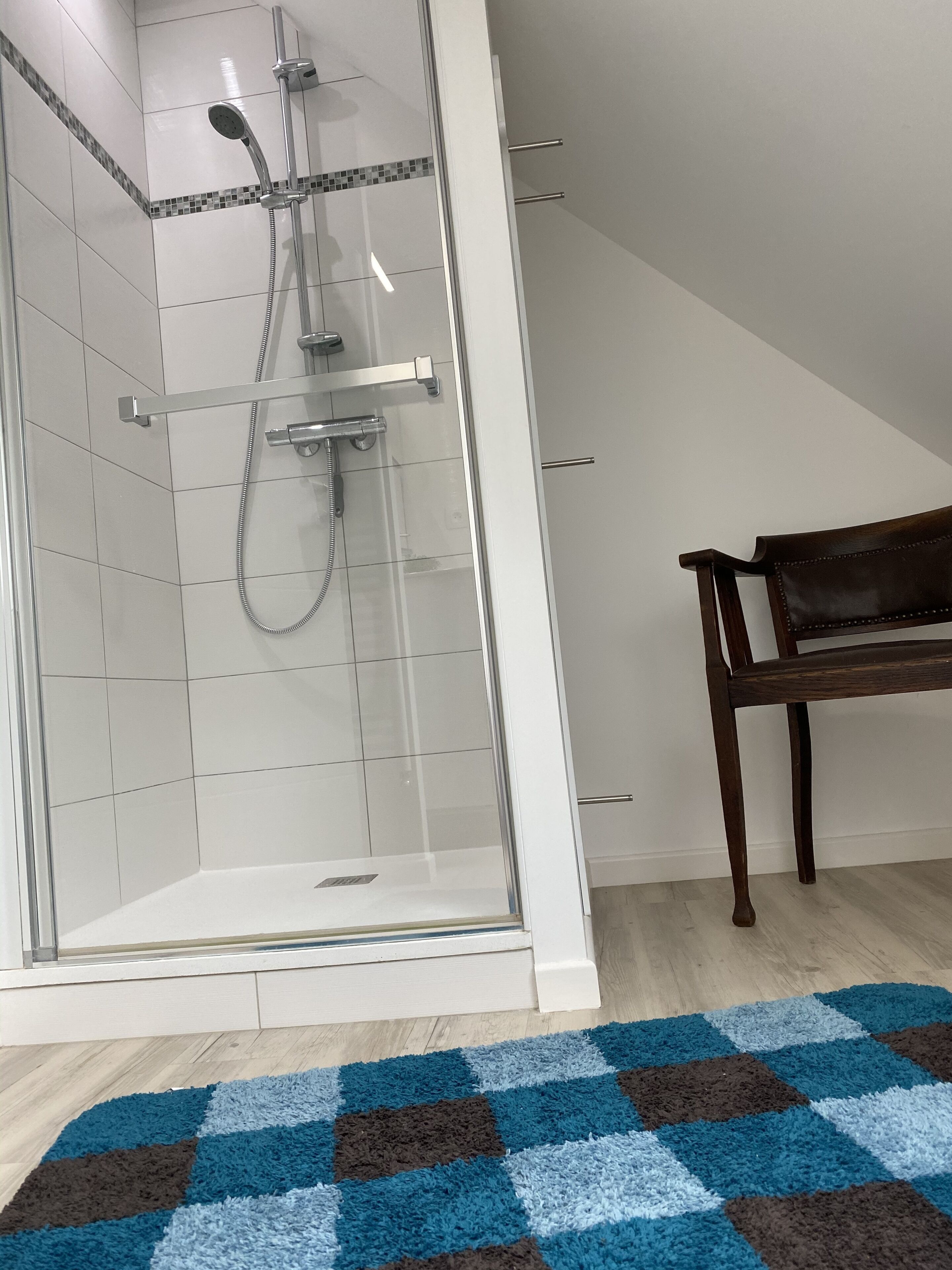 Un espacio de ducha con puerta de vidrio, un banco y una alfombra estampada.