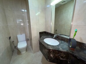 A bathroom with a toilet, a sink, and a mirror.