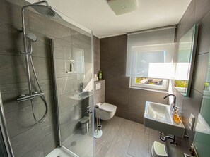 Dusche, Haartrockner, Handtücher, Seife
