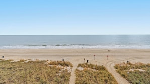 Ein Strand mit blauem Himmel, sandigem Ufer und einigen Spaziergängern.