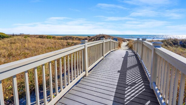 A wooden boardwalk leading to the beach with a clear sky.