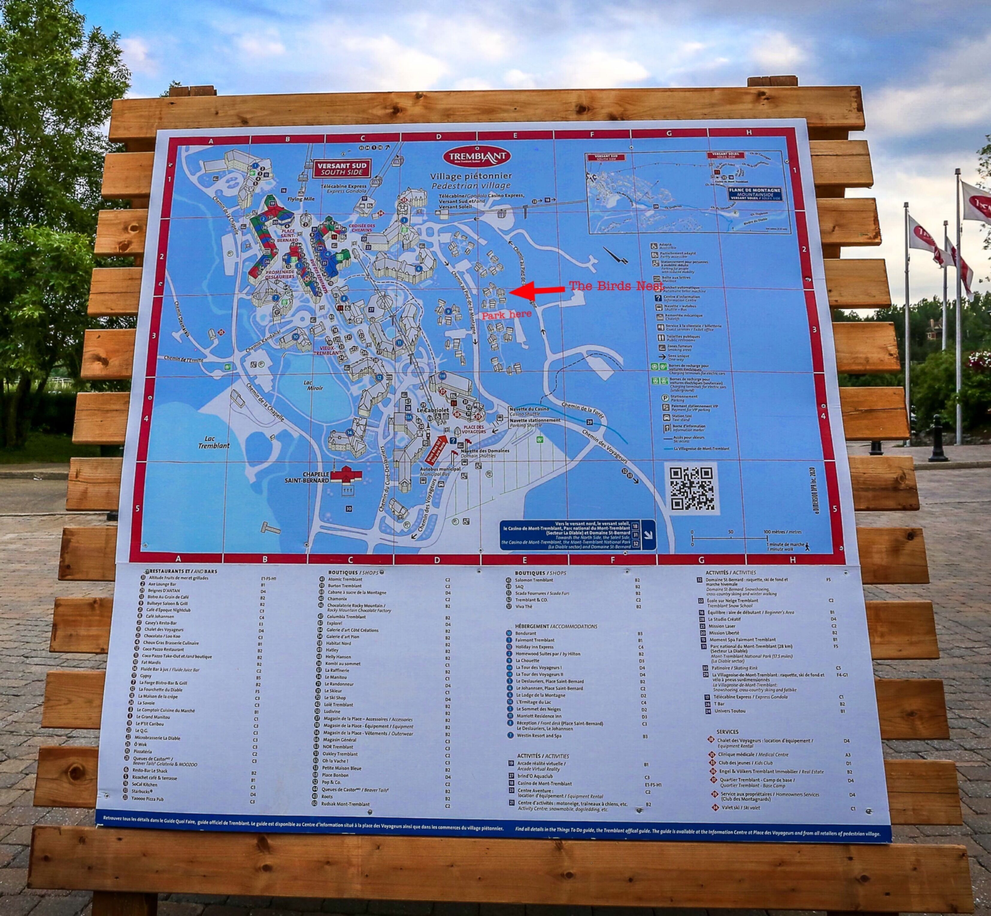 A detailed map of Tremblant village with labeled amenities and activities.
