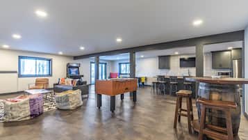 Smart TV, fireplace, video games, table football