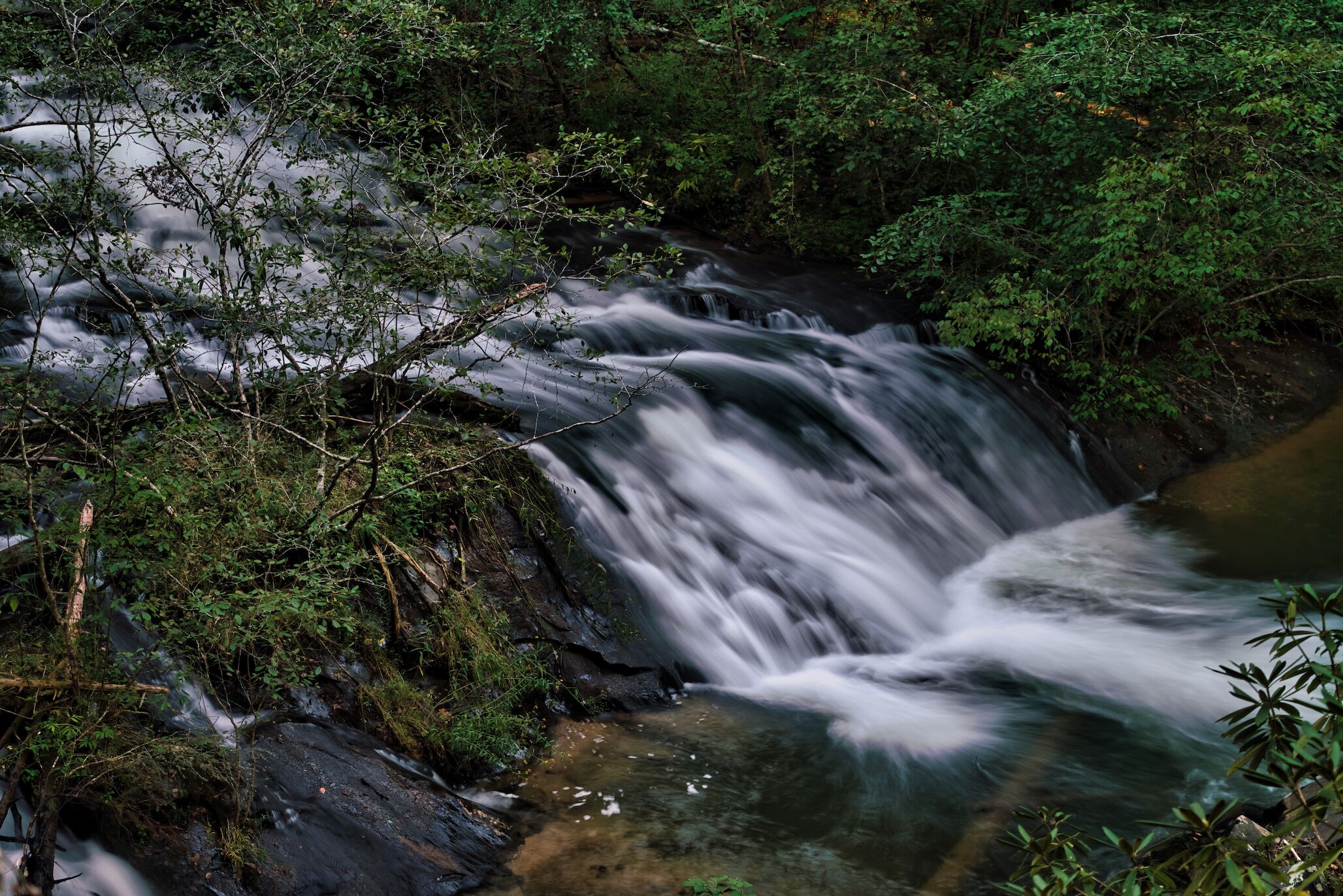Una cascada en un área boscosa, con rocas y follaje visibles.