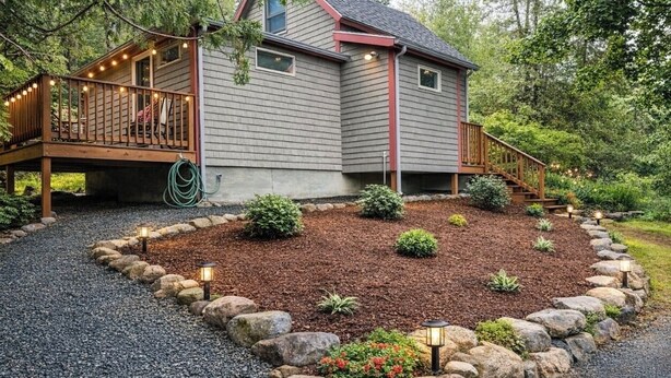 Une maison avec une terrasse, un jardin avec du paillis et des plantes, et une allée gravillonnée.