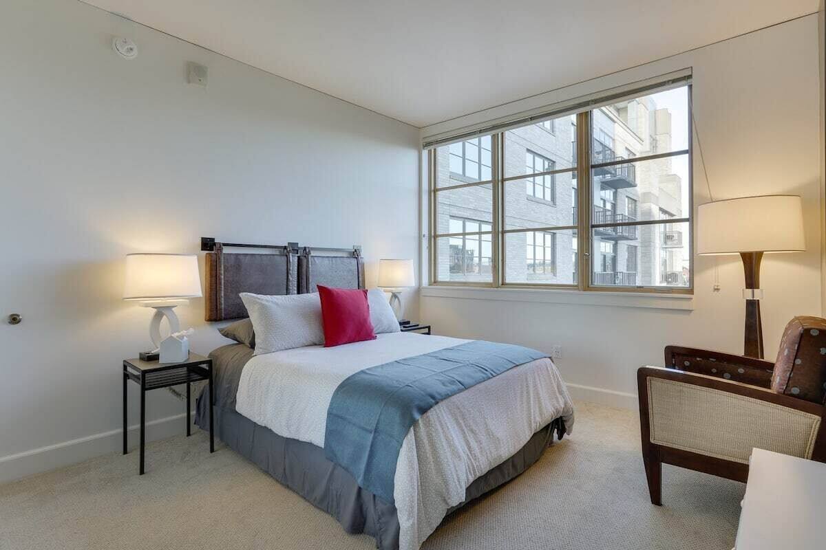 Premium bedding, memory foam beds, desk, laptop workspace