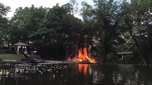 Un feu de camp au bord d’un lac, avec des arbres et un kiosque en arrière-plan.