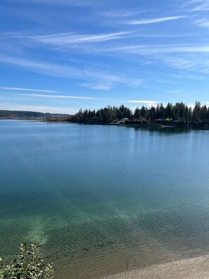 A calm lake with clear water, surrounded by a forested shoreline and a clear sky. - Family friendly, dog friendly, waterfront beach house (Longbranch)