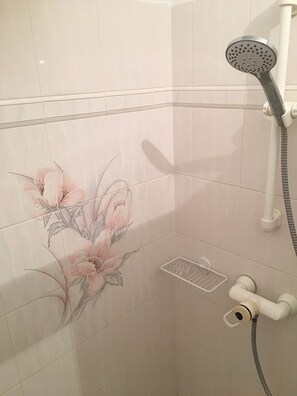 Shower, hair dryer, towels, toilet paper