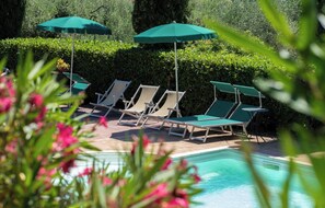 A poolside area with lounge chairs and umbrellas, surrounded by well-maintained hedges. - SANTA CROCE - TORRE: Three-bedroom apartment in a farmhouse with a pool and the Marmore Falls (Ferentillo)