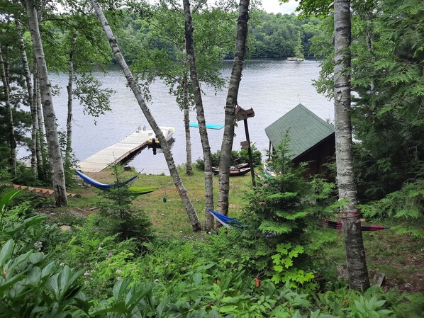 Una cabaña junto al lago con un muelle que se adentra en el agua, rodeada de un bosque denso.