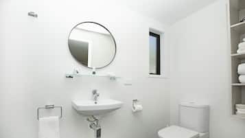 Une salle de bain moderne avec un lavabo blanc, un miroir et des toilettes.