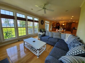 Smart TV, fireplace, foosball