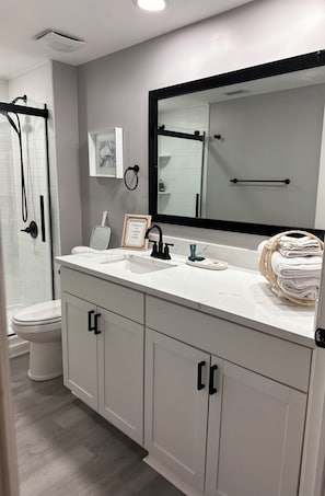Combined shower/bathtub, hair dryer, towels, soap - 5-Star Downtown Riverview Condo w/Parking (Wilmington)
