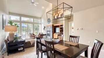 Smart TV, fireplace, DVD player, books