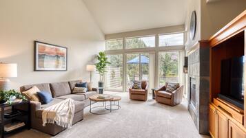 Smart TV, fireplace, DVD player, books