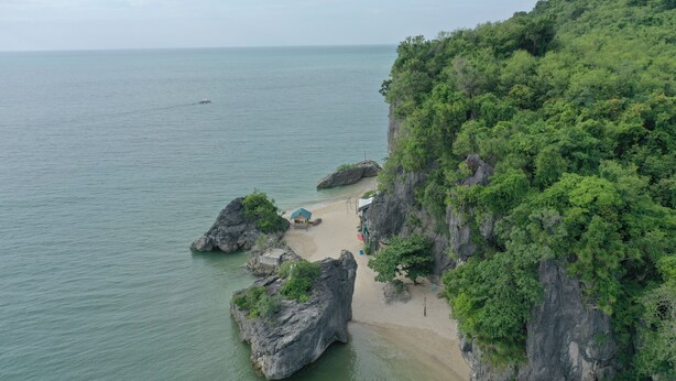 Un paisaje costero con una playa, afloramientos rocosos y abundante vegetación.