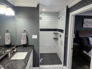 Douche, séchoir à cheveux, serviettes fournies, savon