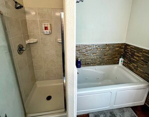 Bathtub, jetted bath, hair dryer, towels