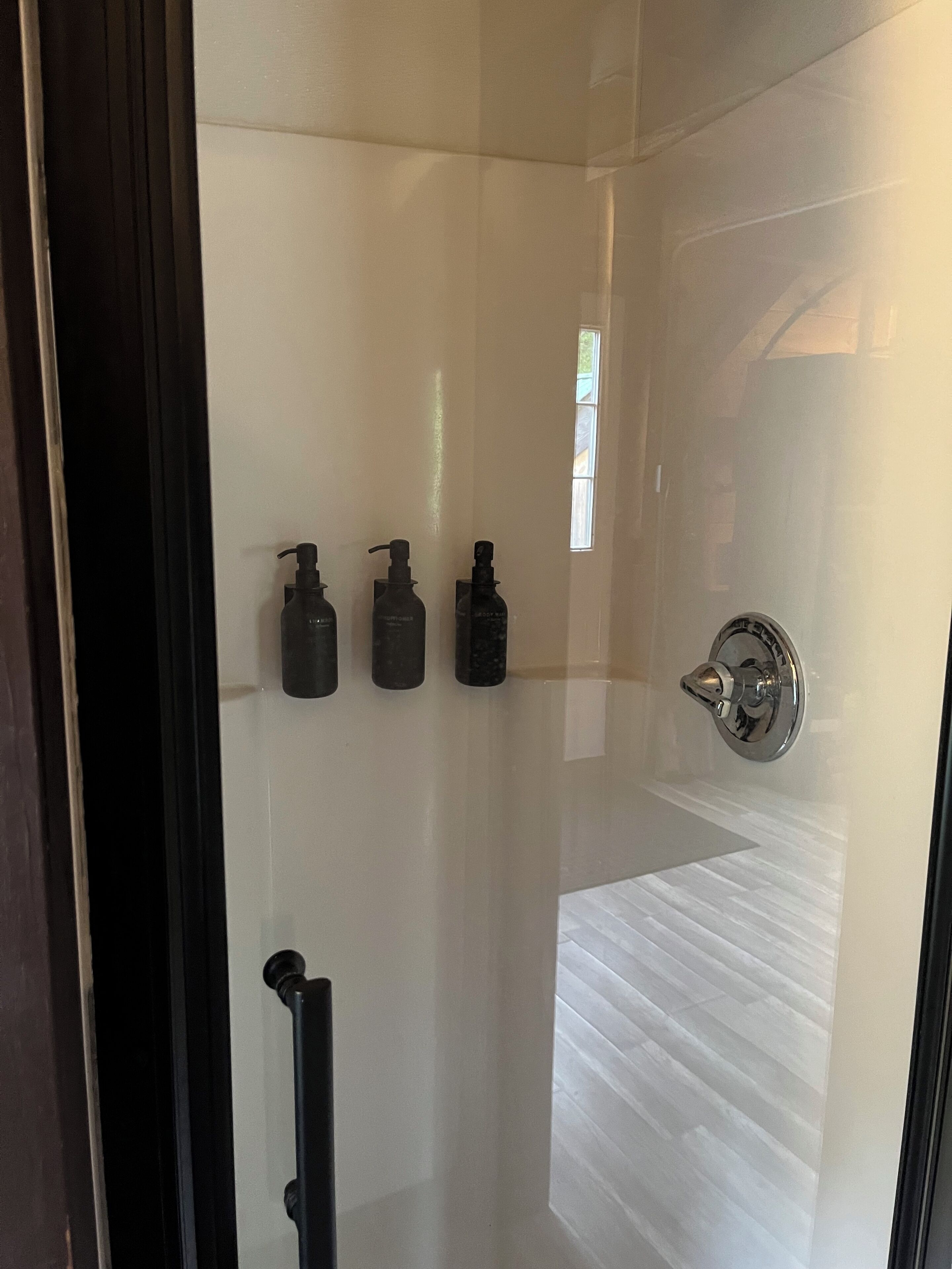 A modern bathroom with a glass shower enclosure, a toilet, and three bottles of toiletries on the wall.