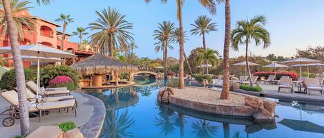 5 outdoor pools, open 7:00 AM to 8:00 PM, pool cabanas (surcharge)