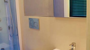 A modern bathroom with a shower, toilet, sink, and mirror.