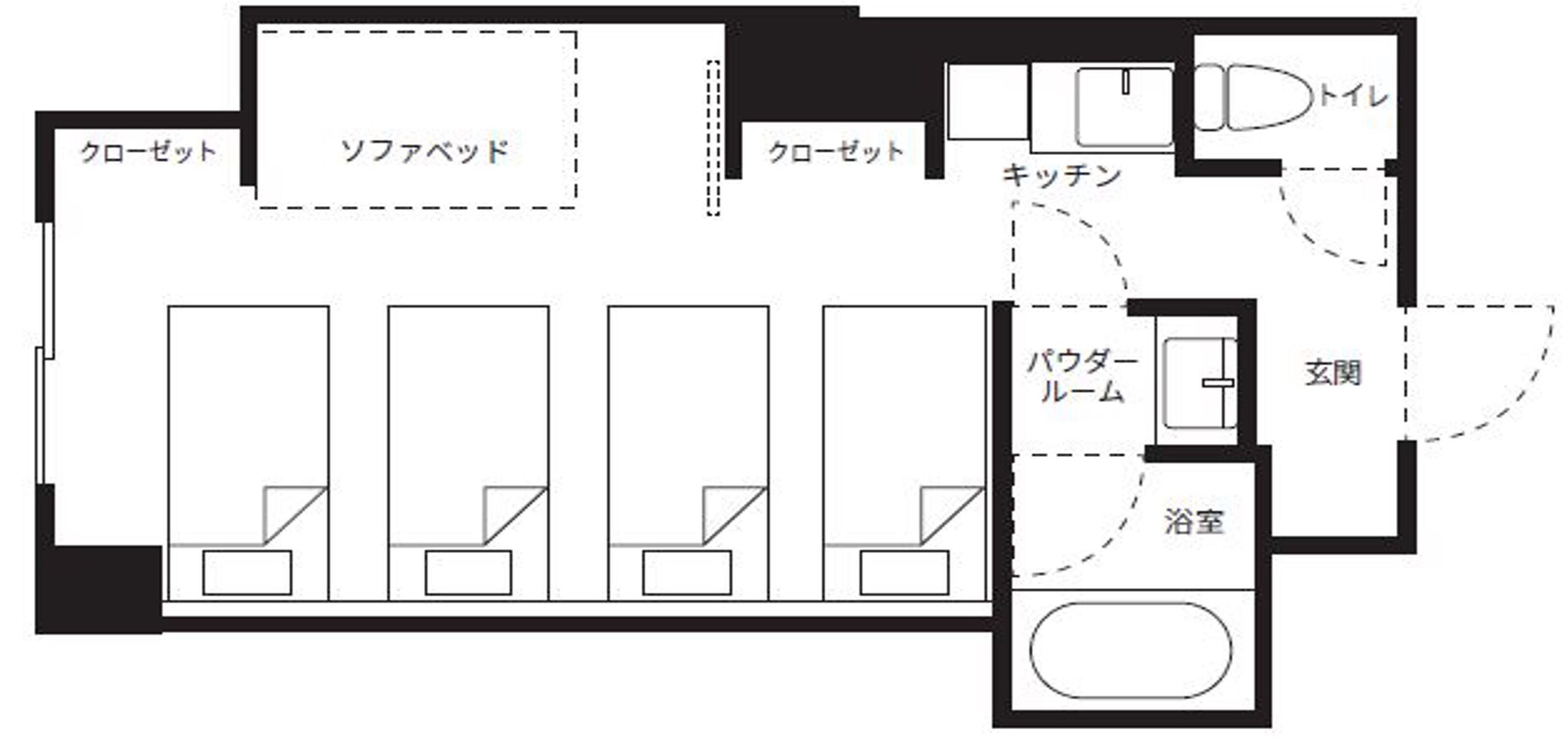 Distribución de una habitación de hotel con kitchenette, sofá cama, zona de comedor, baño y pequeña cocina.