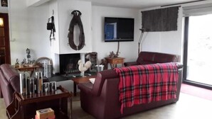 A living room with a fireplace, a sofa, a television, and a window.