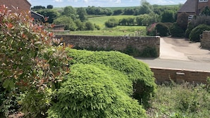 A rural landscape with a stone wall, a neatly trimmed hedge, and a view of a green field with cows. - Vale View - Sleeps 6 - Pets Ok - Garden - Parking (Melton Mowbray)