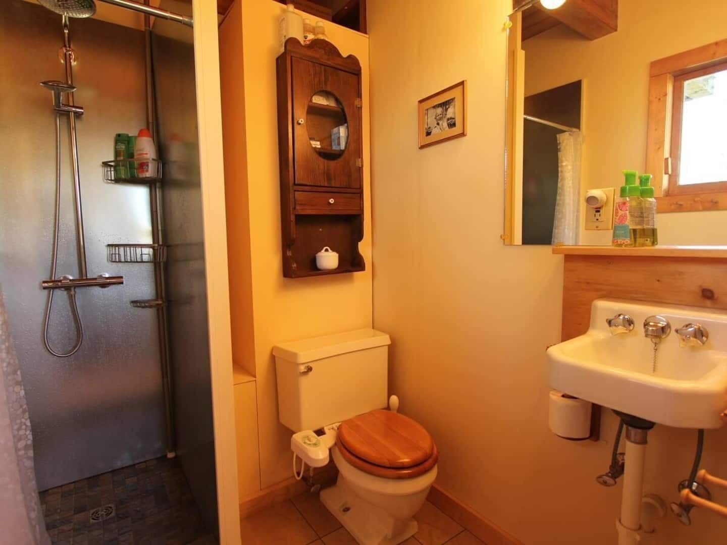 Un baño con ducha, inodoro, lavamanos y espejo.