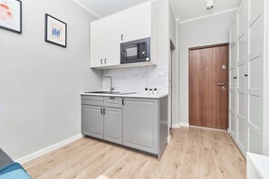 Kühlschrank, Mikrowelle, Herdplatte, Kochgeschirr/Geschirr/Besteck