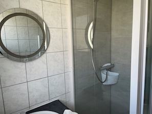 Shower, towels, soap, toilet paper