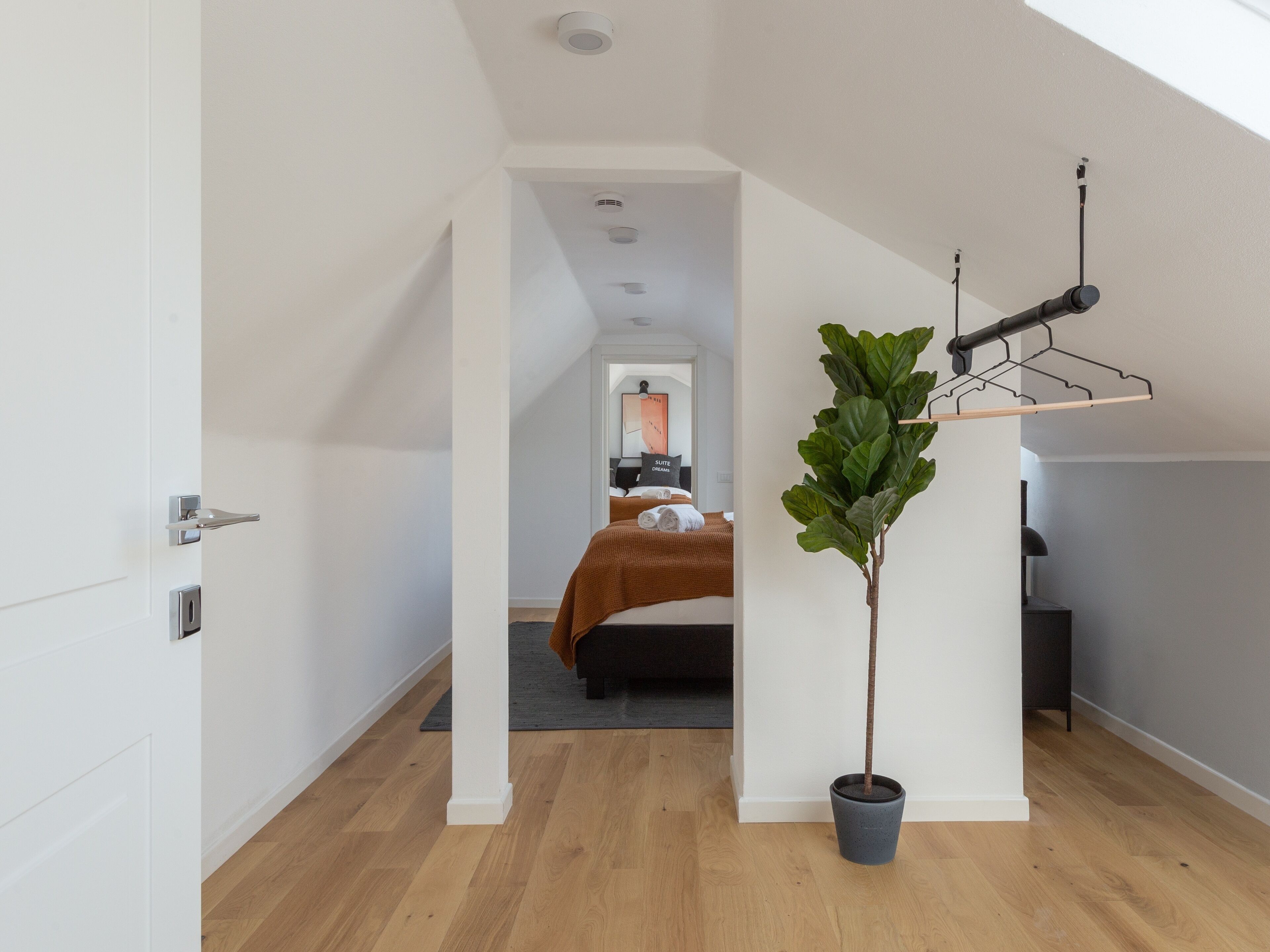 Moderni hotellihuone, jossa on puulattia, ruukussa oleva kasvi, ruskealla peitolla varustettu sänky ja riippuvalaisin.