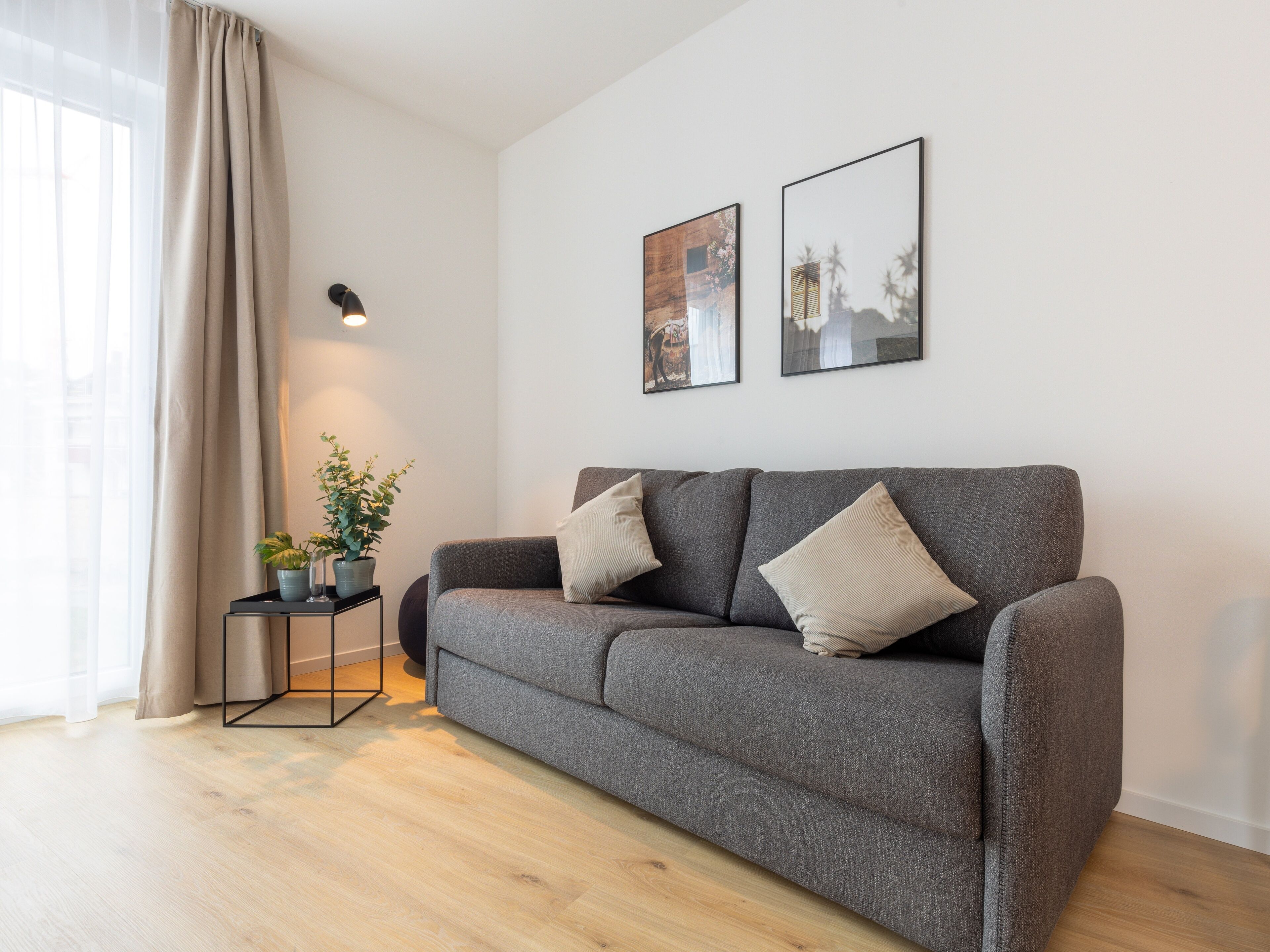 Una sala de estar moderna con un sofá gris, dos cojines, una mesita auxiliar con una planta y dos cuadros enmarcados en la pared.