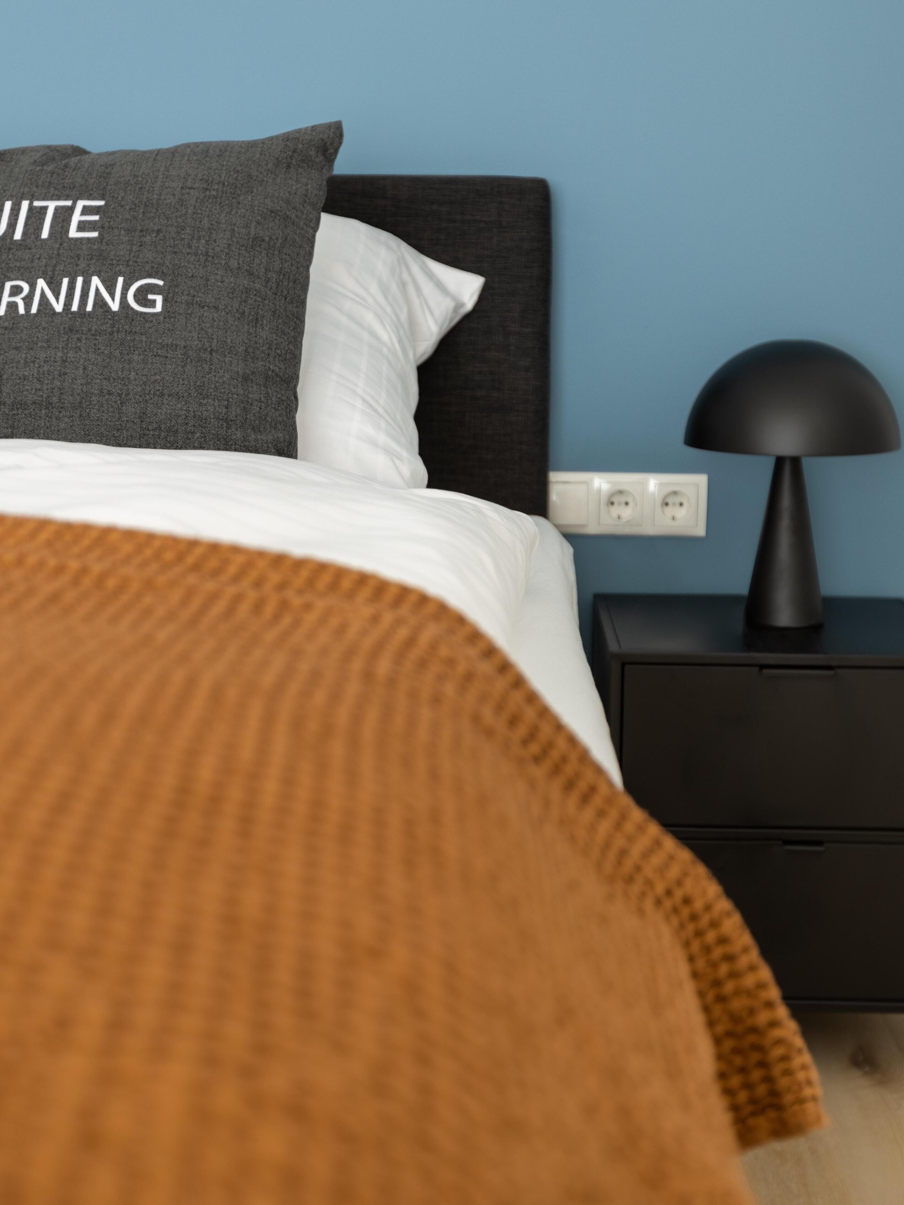 A bedroom with a bed, pillows, a nightstand, a lamp, and a wall socket.