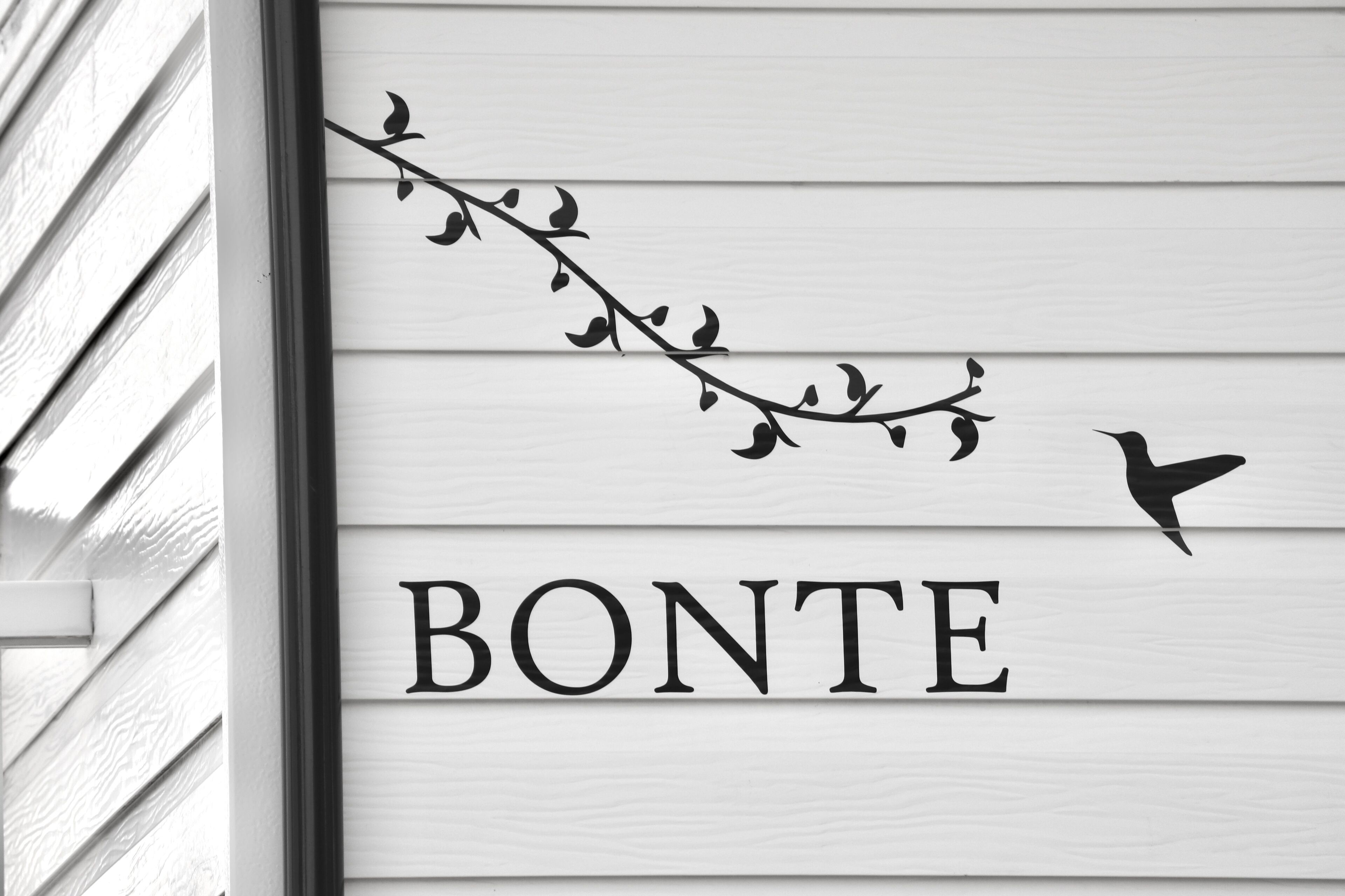 A sign with the name 'BONTE' and a branch with leaves and a bird.