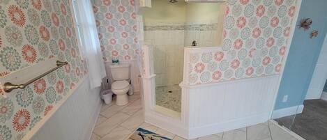 A bathroom with a shower, toilet, and a patterned wall.