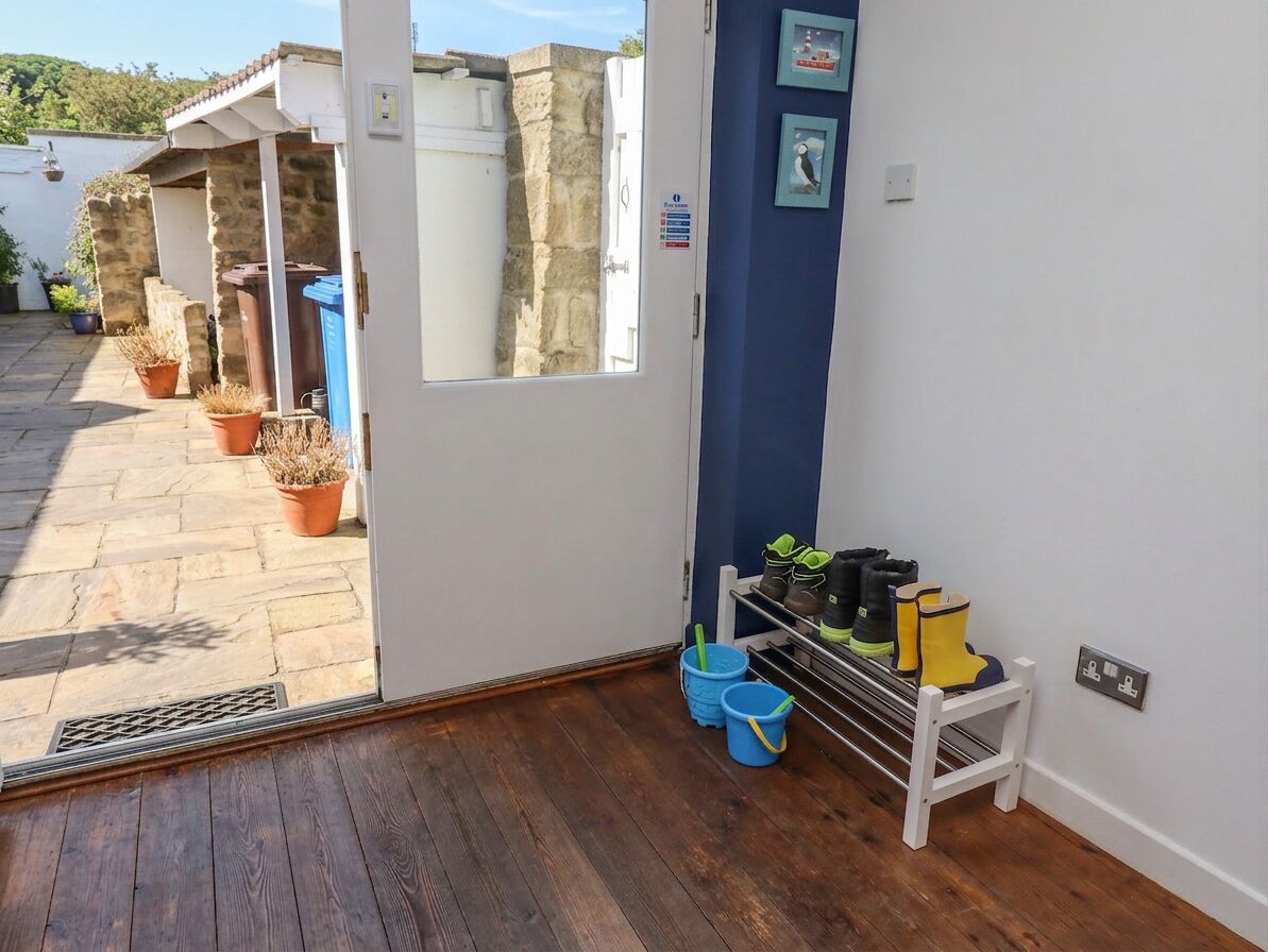 A room with a wooden floor, a white door, a blue curtain, a shoe rack with boots, and potted plants outside.