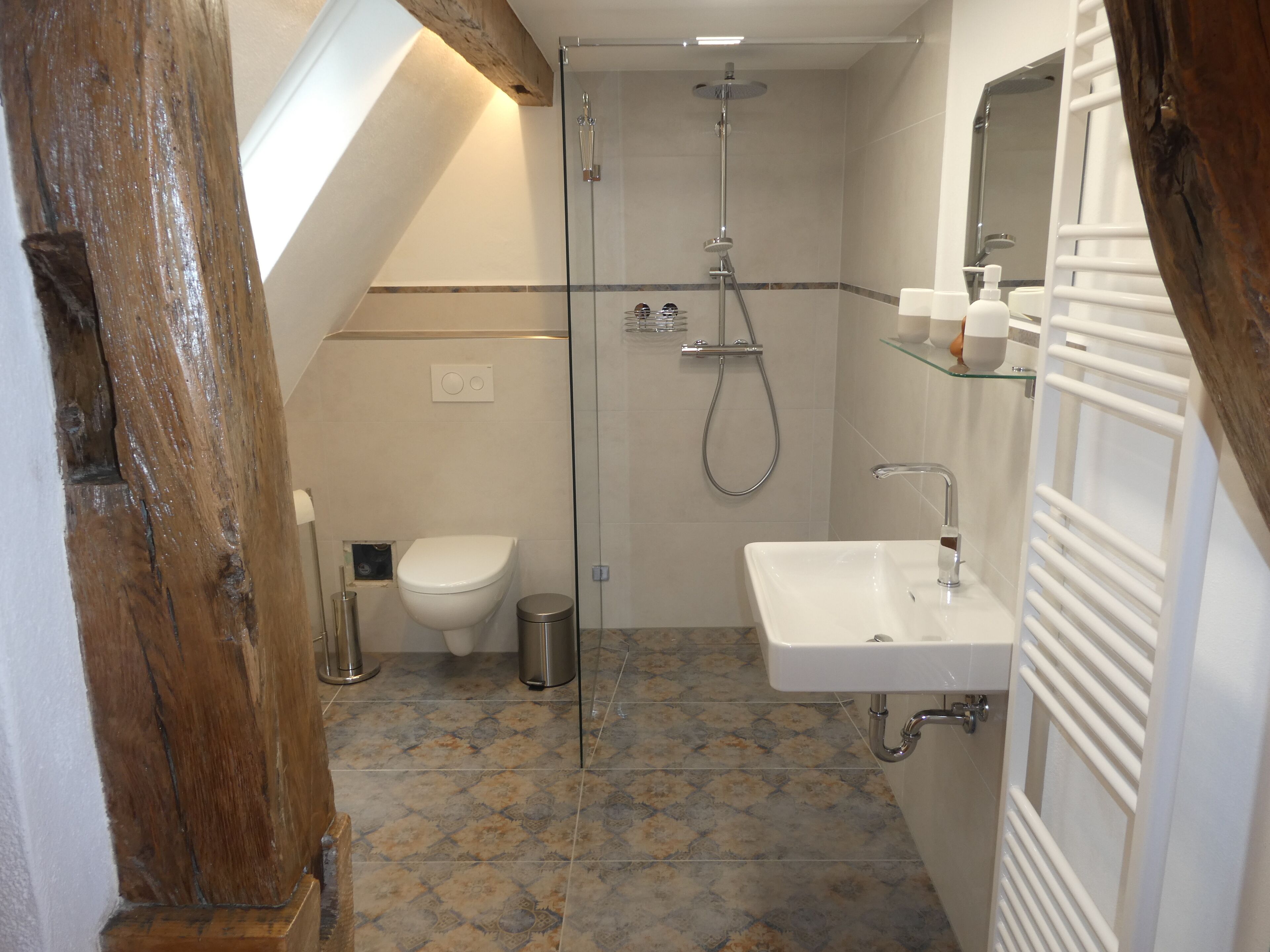 Dusche, Haartrockner, Handtücher, Toilettenpapier