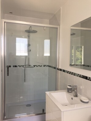 Shower, hair dryer, towels, soap