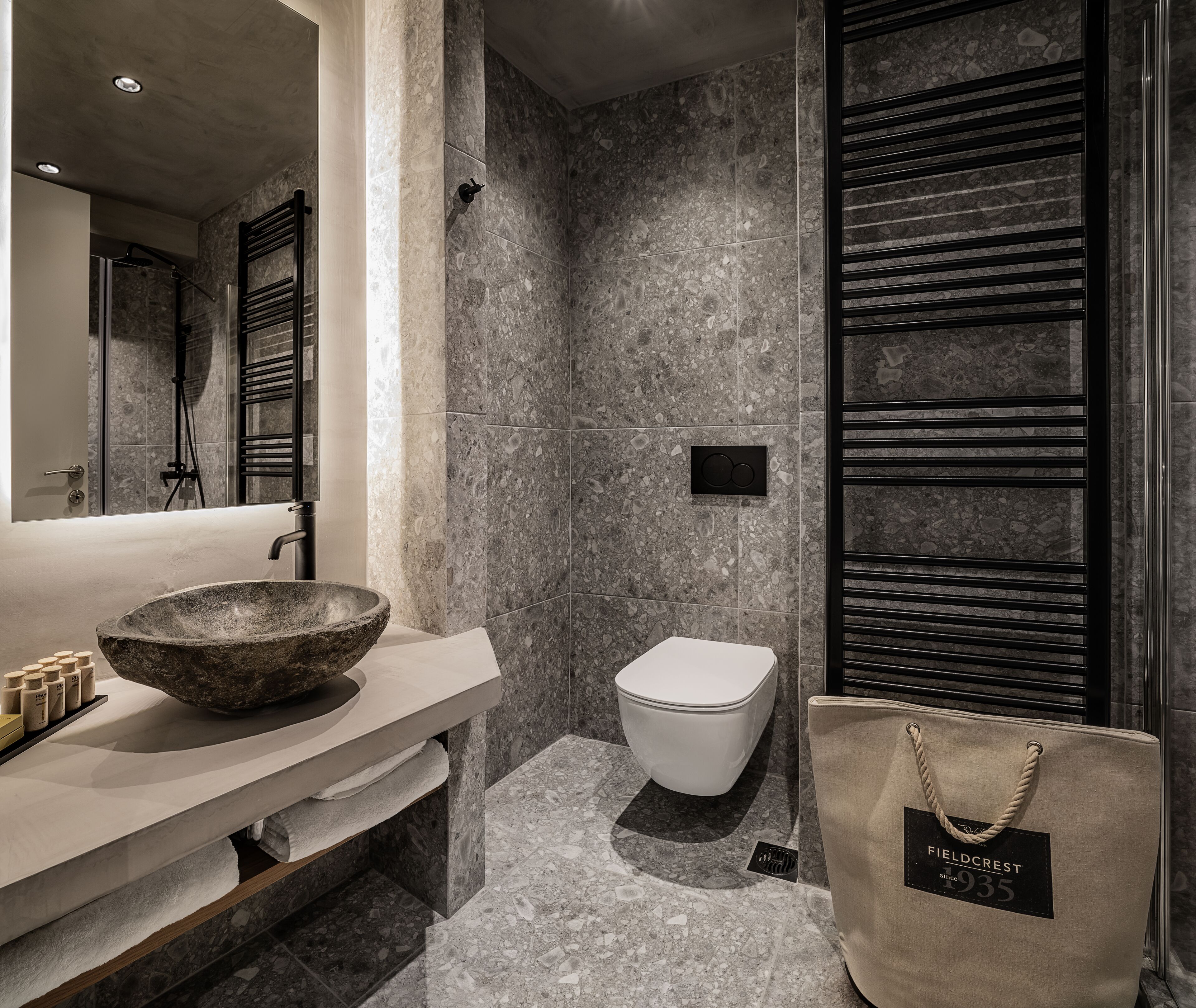 shower, rainfall showerhead, hair dryer, slippers