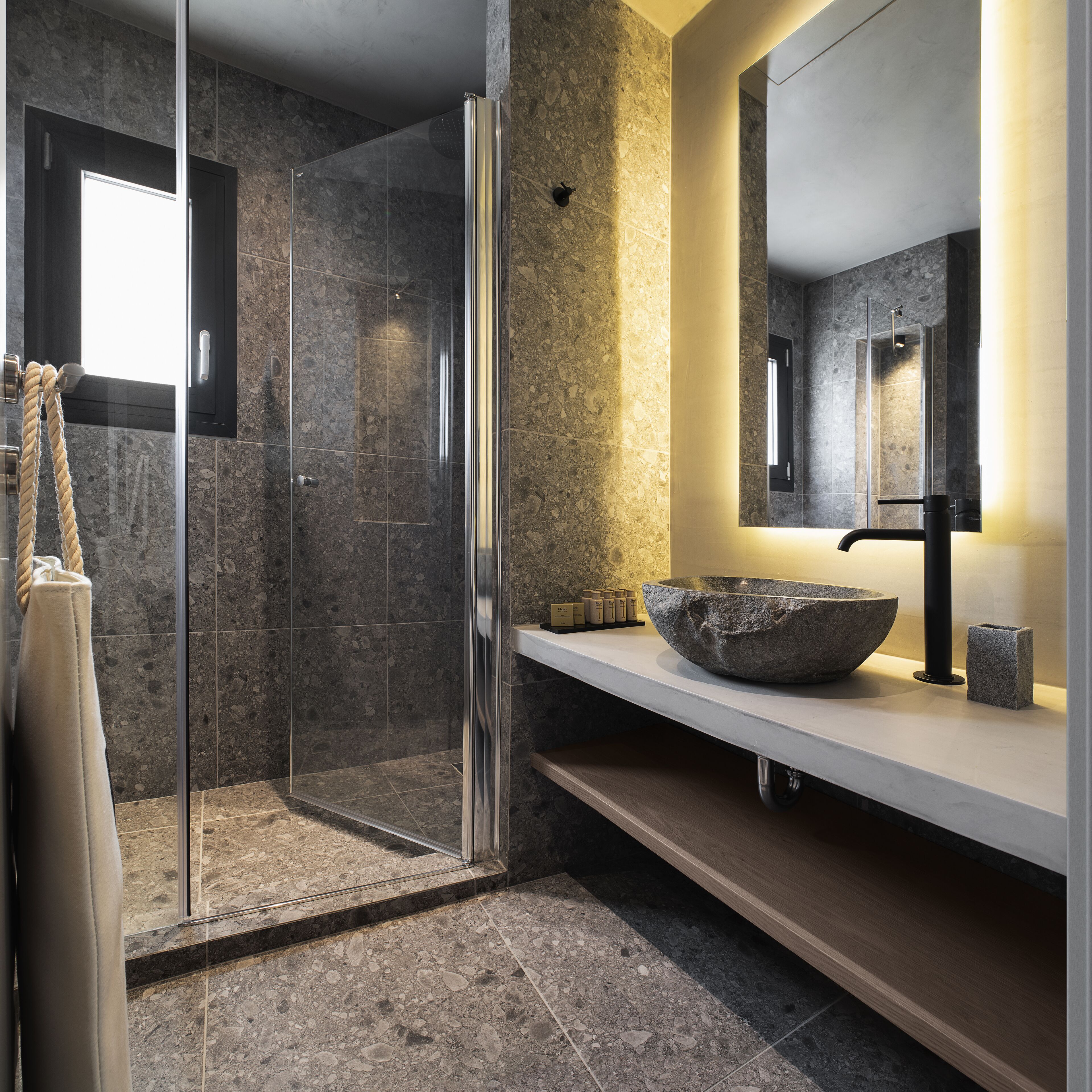 premium suite | bathroom | shower, rainfall showerhead, hair dryer, slippers
