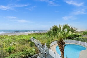 A pool with a palm tree, a beach view, and a staircase leading to a deck.