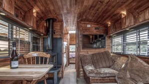 A cozy cabin interior with a wooden interior, a fireplace, a sofa, and a dining table.