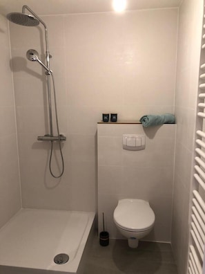Douche, séchoir à cheveux, serviettes fournies, savon