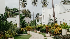 A paved pathway leading through a garden with palm trees and potted plants. - LUX Marijani Zanzibar (Pwani Mchangani)