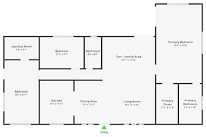 Ein Grundriss eines Hauses mit beschrifteten Räumen, darunter ein Hauswirtschaftsraum, zwei Schlafzimmer, ein Badezimmer, eine Küche, eine Essecke, ein Wohnzimmer, eine Bibliothek/Aufenthaltsraum, ein Hauptschlafzimmer, ein begehbarer Kleiderschrank und ein Hauptbadezimmer.