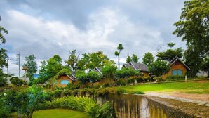 Uma área residencial com casas, um pequeno lago e vegetação exuberante.